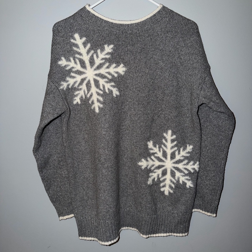 J Jill Gray Snowflake Sweater Womens Small Winter Knit Holiday Cozy Pullover